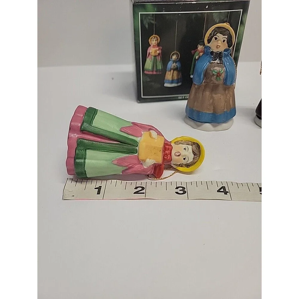 4 Vintage Village Carollers Porcelain Bisque Ornaments Hand‎ Painted Bells JSNY